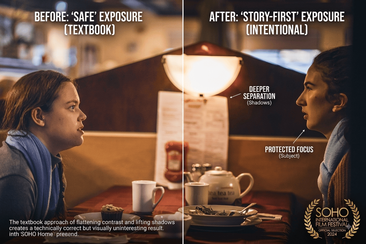 Two stills from the same Going Home location: one "safe" exposure where the background is lifted and the mood is flat, and one story-first exposure where the background falls to shadow and the face is protected. This proves the philosophy with evidence.