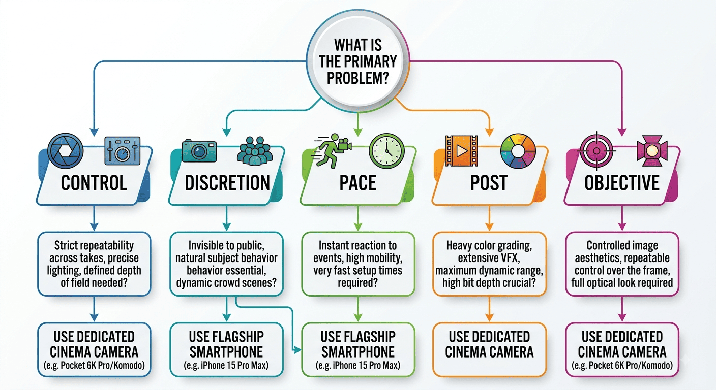 A clean branching diagram starting with "What is the primary problem?" and branching to Control, Discretion, Pace, Post, or Objective, landing on a camera recommendation. Makes the framework shareable.
