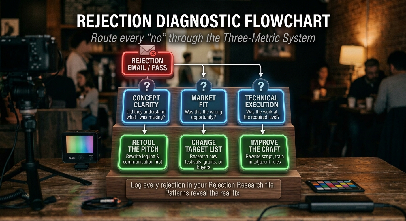 A simple branching flowchart showing a single rejection entering the system and routing to Concept Clarity → retool pitch, Market Fit → change target list, or Technical Execution → improve craft. Adds visual usability without repeating the table text.