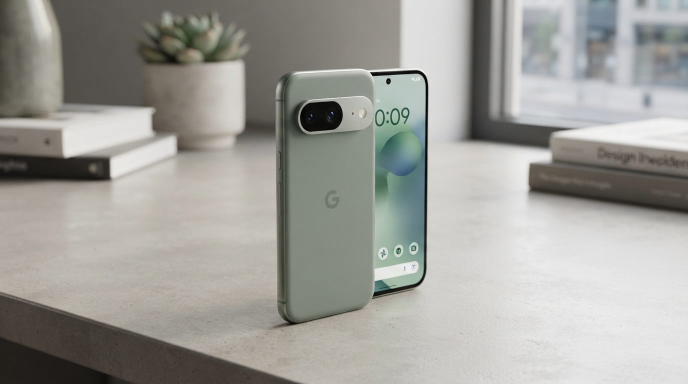 A 16:9 product shot of a sage green Google Pixel 10a smartphone standing upright on a minimalist concrete desk, displaying its rear camera bar and active screen, surrounded by books and a small potted succulent near a sunlit window.