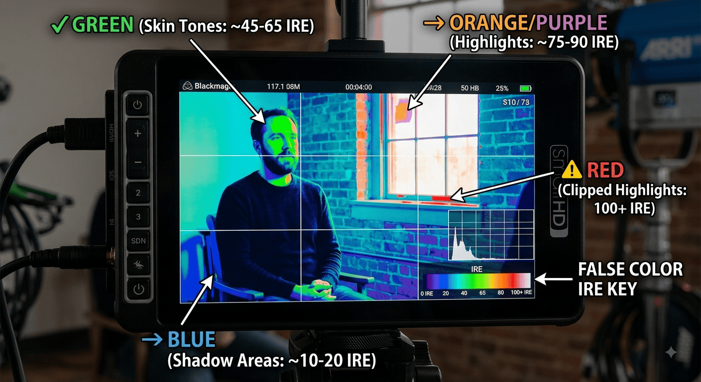 A real SmallHD or Atomos screen showing false color mode with callouts pointing to the green skin tone region, red clipping zones, and blue shadow areas. This turns the IRE table into something readers can match to their own gear.