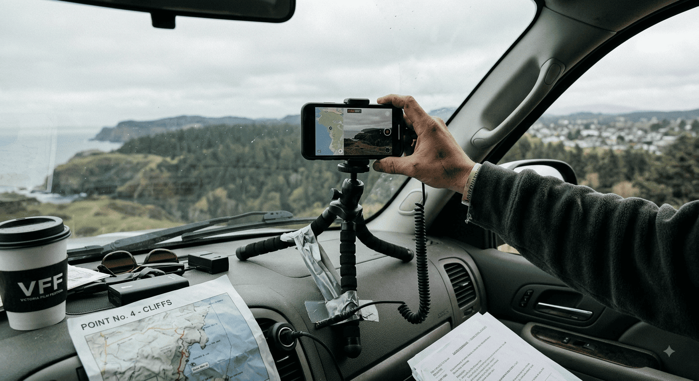 youtube live streaming A phone mounted on a cheap tripod on a car dashboard or location scouting spot, overcast daylight, a visibly tired filmmaker’s hand adjusting the frame.