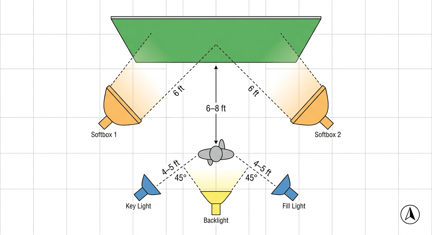 Overhead schematic showing green screen lighting setup with two softboxes at 45-degree angles, key and fill lights on the subject, and a backlight behind the subject. Distance measurements labeled: 6–8 feet subject-to-screen, 6 feet softbox-to-screen.