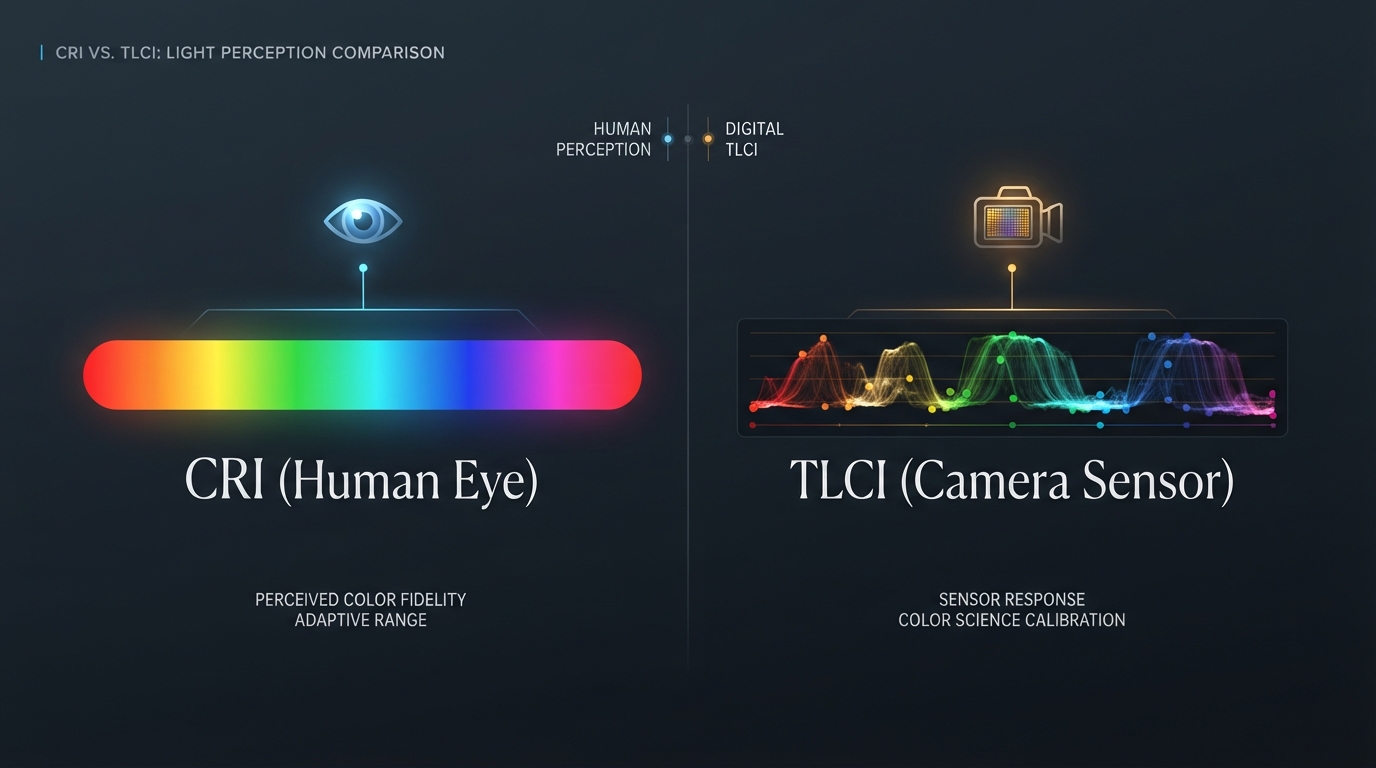 A clean, minimalist technical graphic comparing human eye perception versus camera sensor perception of light. On one side, a spectrum bar labeled "CRI (Human Eye)", and on the other, a digital waveform and color chart labeled "TLCI (Camera Sensor)". Professional dark-mode UI/UX design, slate background with crisp white typography, neon blue and amber accent lines, high-end filmmaking gear guide aesthetic. --ar 16:9