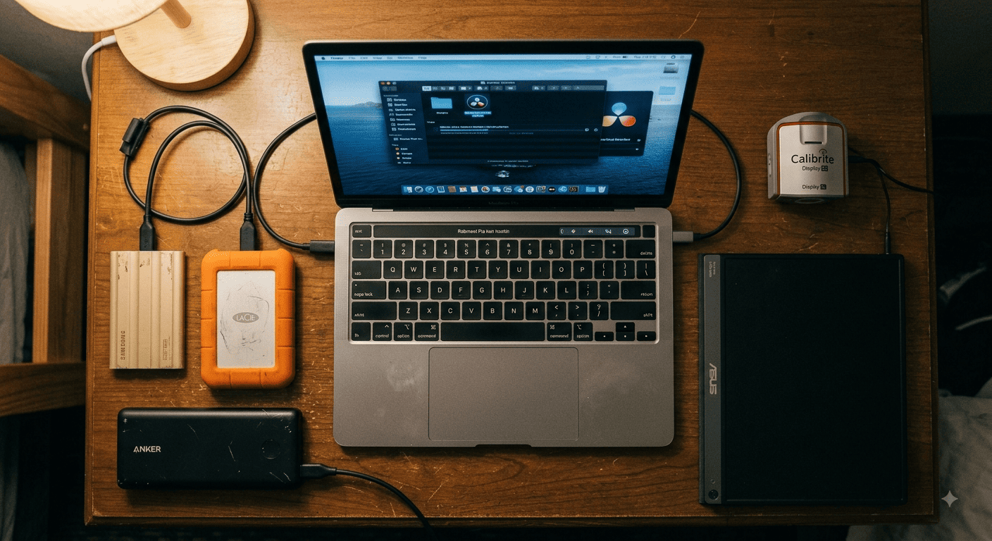 Mobile Editing Workflow for Travel Filmmakers A flat-lay photograph of all the recommended gear laid out on a dark surface: Samsung T7 Shield, LaCie Rugged SSD, Anker PowerCore, Asus ZenScreen portable monitor, Calibrite Display SL (not X-Rite), and a MacBook Pro. The gear is arranged neatly, like a product catalog, but with slight wear and tear showing it's been used. The lighting is soft and neutral. The mood is "these are the tools that survived." Clean, professional, but not overly polished.
