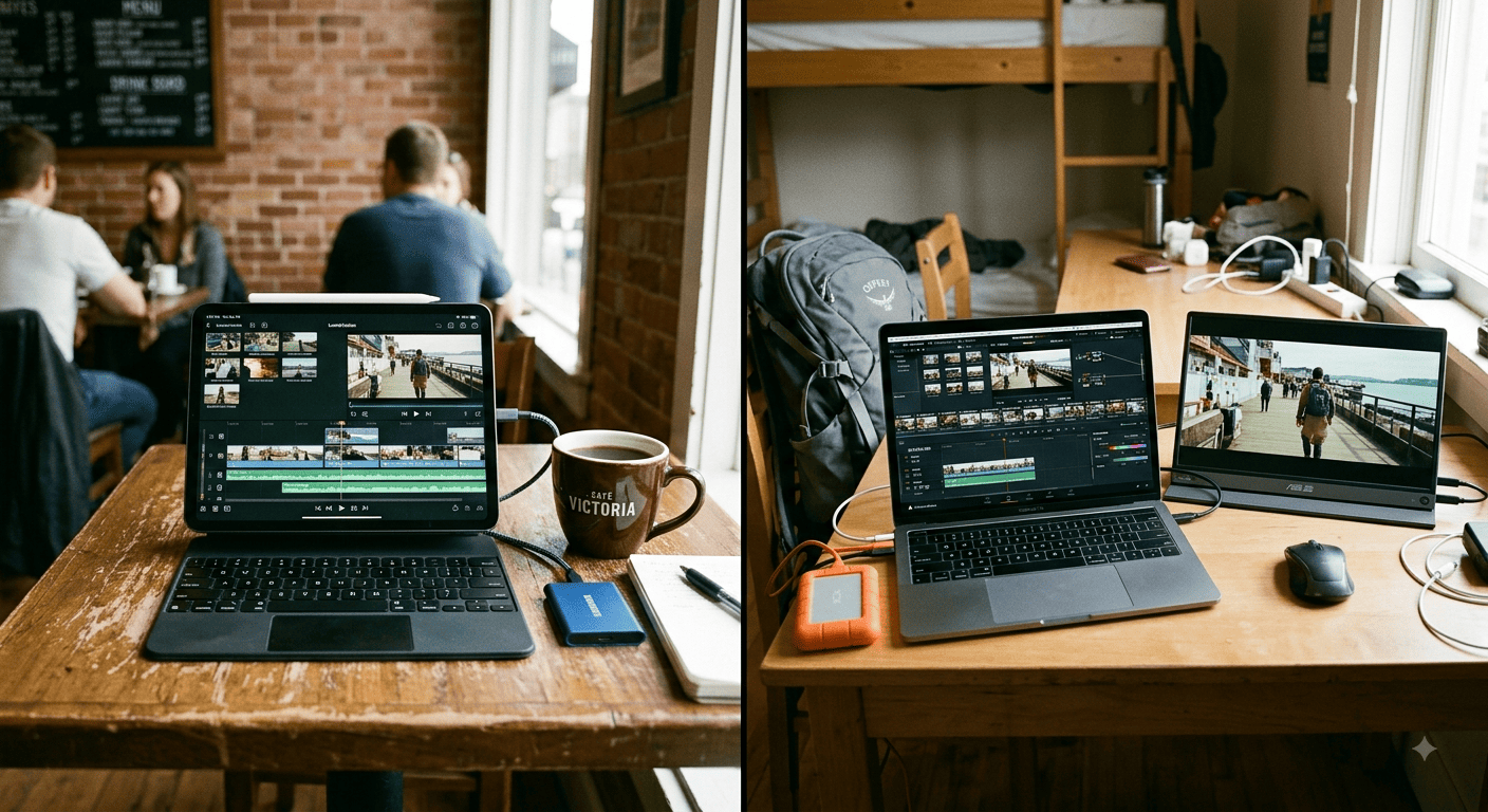 Split-screen photograph showing two editing setups side by side. On the left: an iPad Pro with LumaFusion open on a timeline, connected to an external SSD, sitting on a café table. On the right: a MacBook Pro with DaVinci Resolve open, next to a portable monitor, on a hostel desk. The lighting is natural daylight. The composition emphasizes the portability difference. Documentary style, 50mm lens, natural light, warm tones.