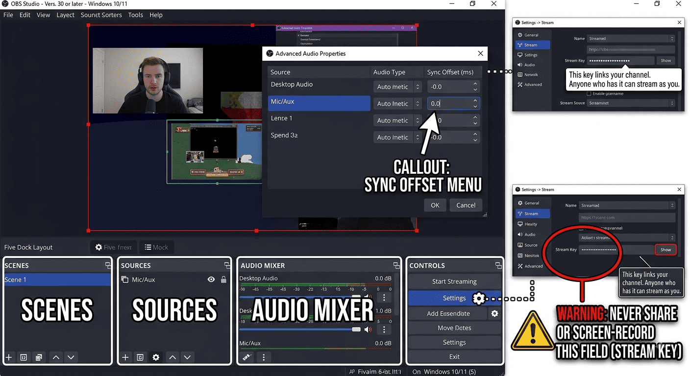 An annotated screenshot of the actual OBS interface with the four zones labeled (Scenes, Sources, Audio Mixer, Controls), a callout arrow pointing to the Sync Offset menu, and a second callout circling the Stream Key field with a warning icon — since that field is the one thing on the whole screen a beginner should never screen-record or share.