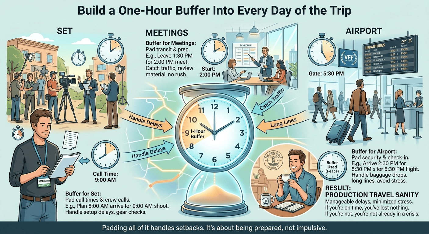 Build a One-Hour Buffer Into Every Day of the Trip Set, meetings, the airport — pad all of it. If you're on time, you've lost nothing. If you're not, you're not already in a crisis. This single habit does more for production travel sanity than almost anything else on this list.