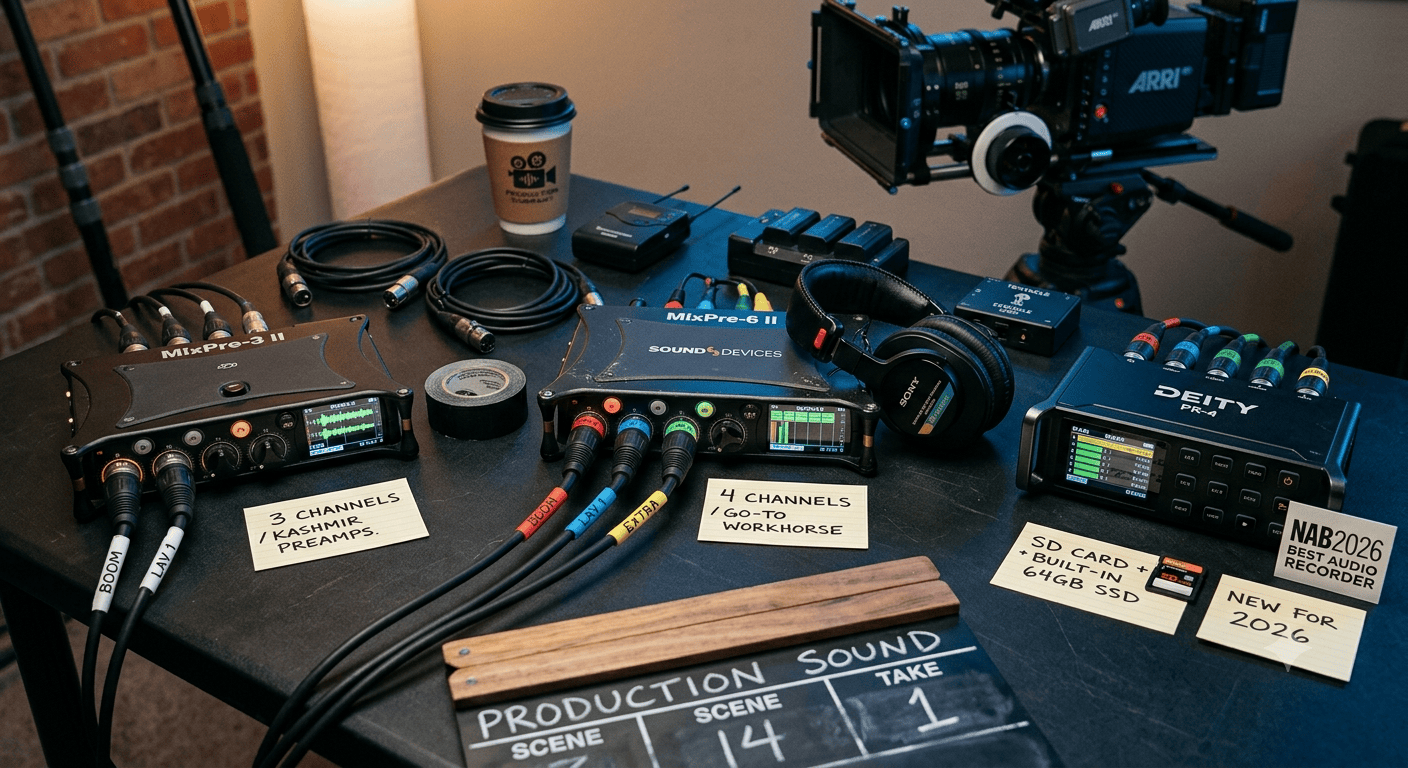 Show all three professional recorders side-by-side in a professional production context, highlighting the MixPre-6 II as the go-to workhorse, the MixPre-3 II as the solo pro option, and the Deity PR-4 as the new market entrant with dual-media backup.