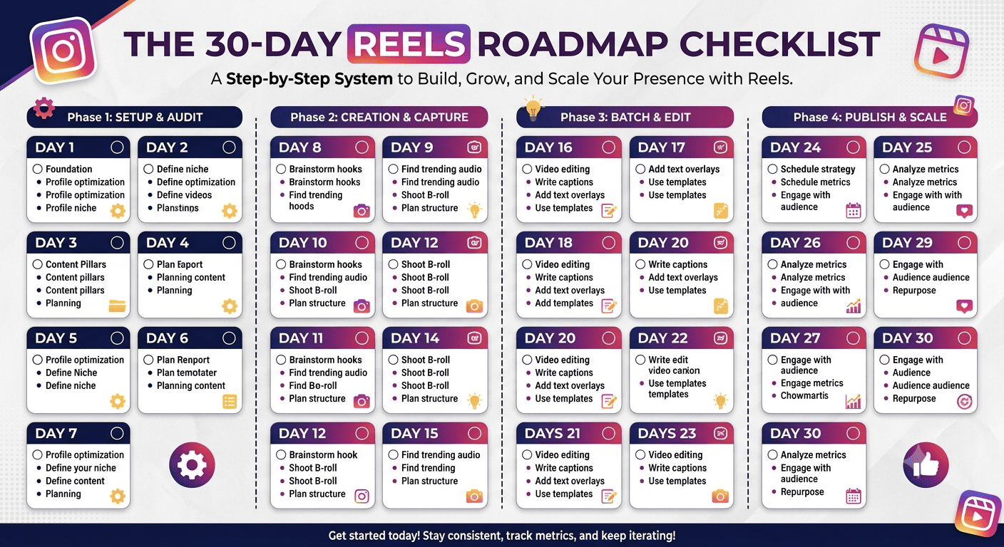 A downloadable PDF checklist titled "The 30-Day Reels Roadmap Checklist." The visual is a mockup of the checklist with checkbox items for each day's task. What the reader learns: A practical, actionable tool that converts the roadmap from concept to implementation.