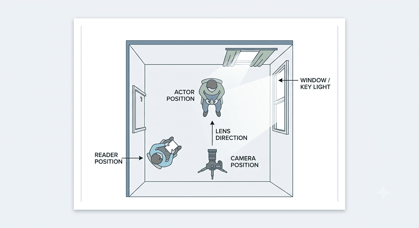 A simple annotated overhead diagram showing camera position, window/key light, actor position, and reader position relative to the lens — this is spatial information that's genuinely hard to convey in prose alone.