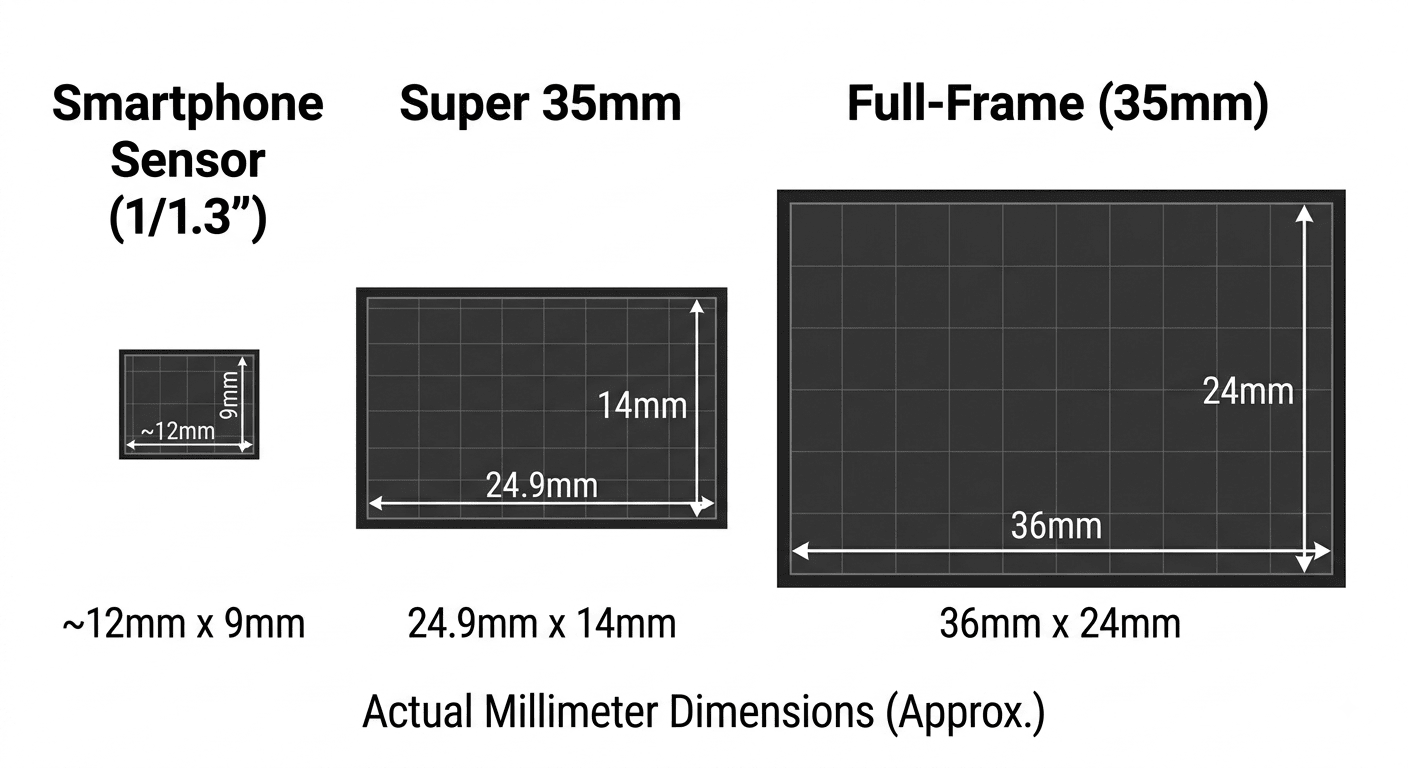 "Where Do Smartphones Hit a Hard Wall." A simple visual showing the relative sizes of a smartphone 1/1.3" sensor, Super 35, and full-frame, labeled with actual millimeter dimensions. Most beginners have never seen the physical difference.