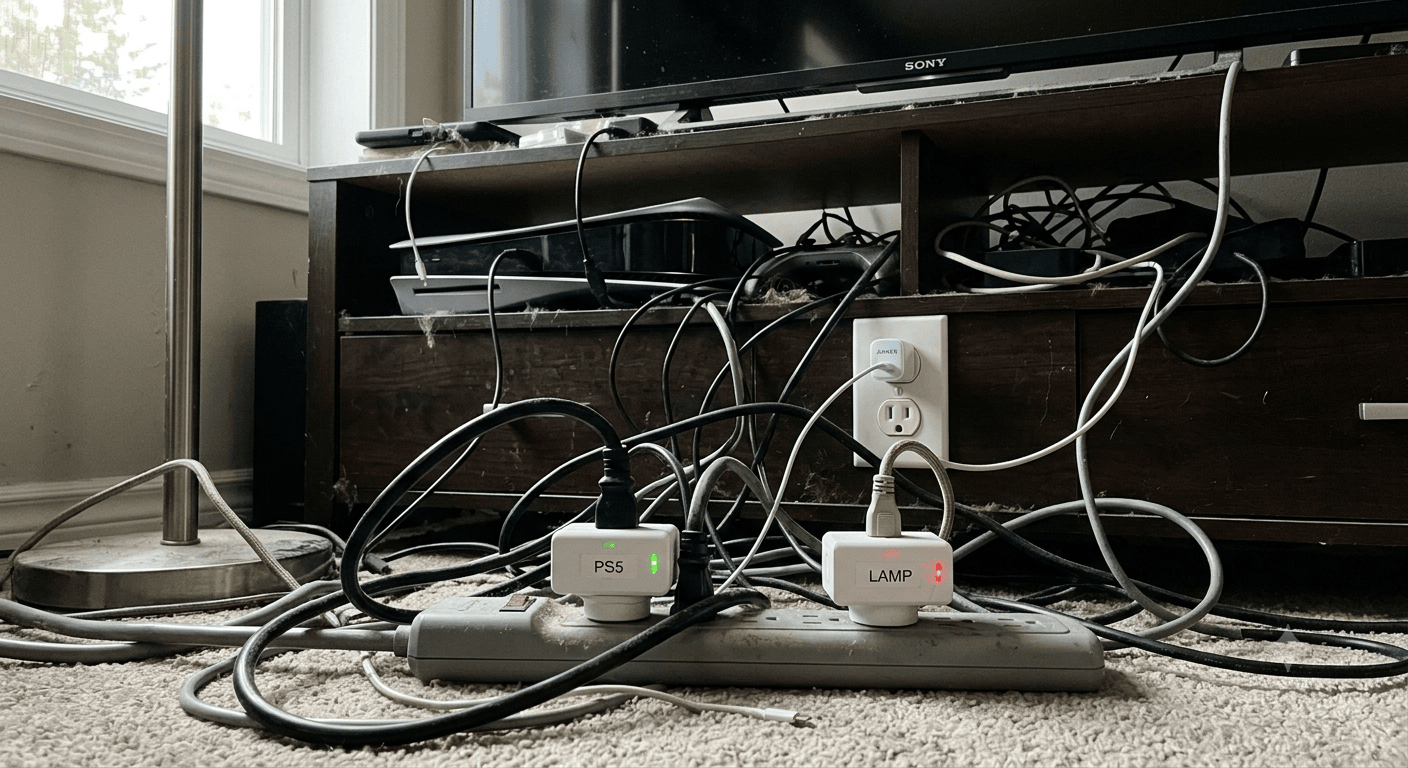 Real photo of a slightly dusty power strip behind a media console, tangled cables visible, one smart plug connected to a gaming console, another smart plug connected to a lamp, a smartphone charger plugged directly into the wall, natural lighting, documentary style, lived-in home setting, no staging or styling, realistic shot from behind a TV stand, 4K, high quality, unpolished authentic home tech scene