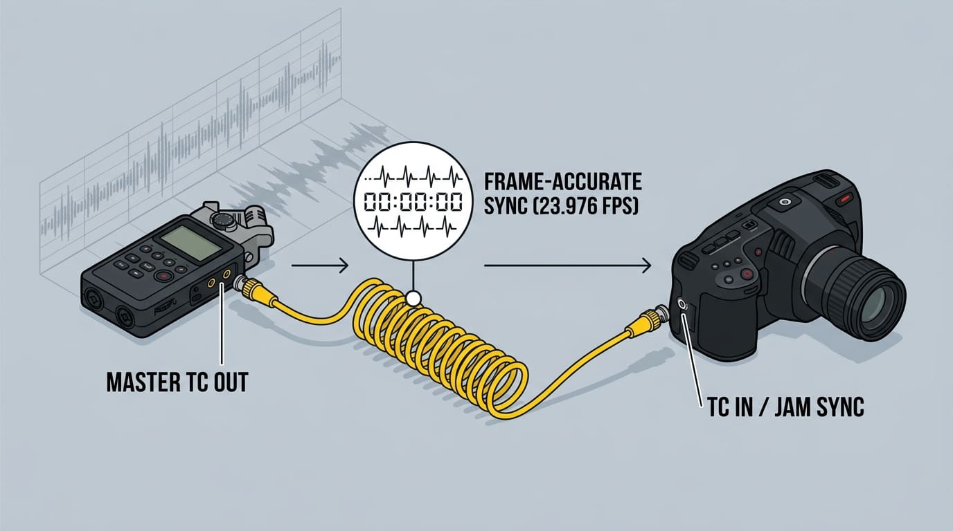 Technical vector diagram illustrating a BNC cable connecting timecode output from a field recorder into a cinema camera timecode input.