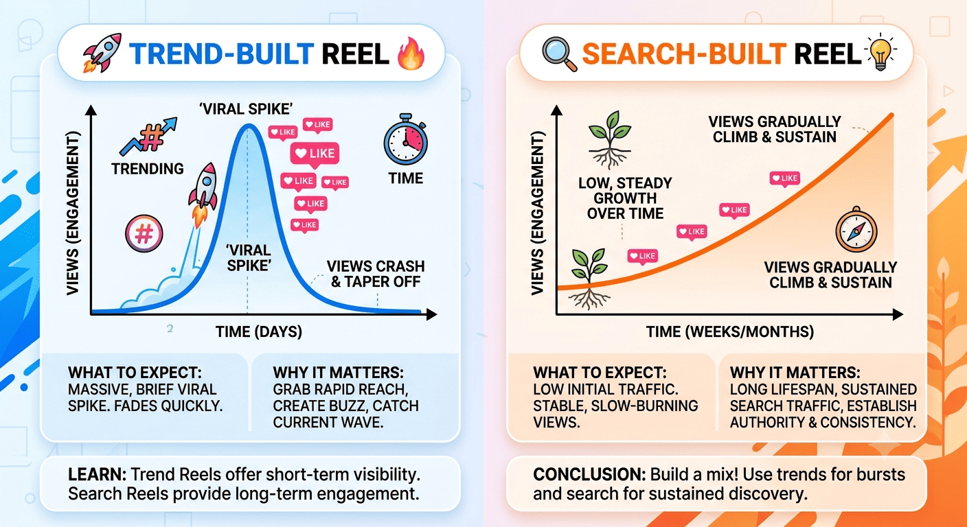 A simple split visual — left side labeled "Trend-Built Reel" with a spike-then-crash curve; right side labeled "Search-Built Reel" with a low, flat, steadily climbing curve. What the reader learns: Why both content types matter and what to expect from each in terms of view lifespan.