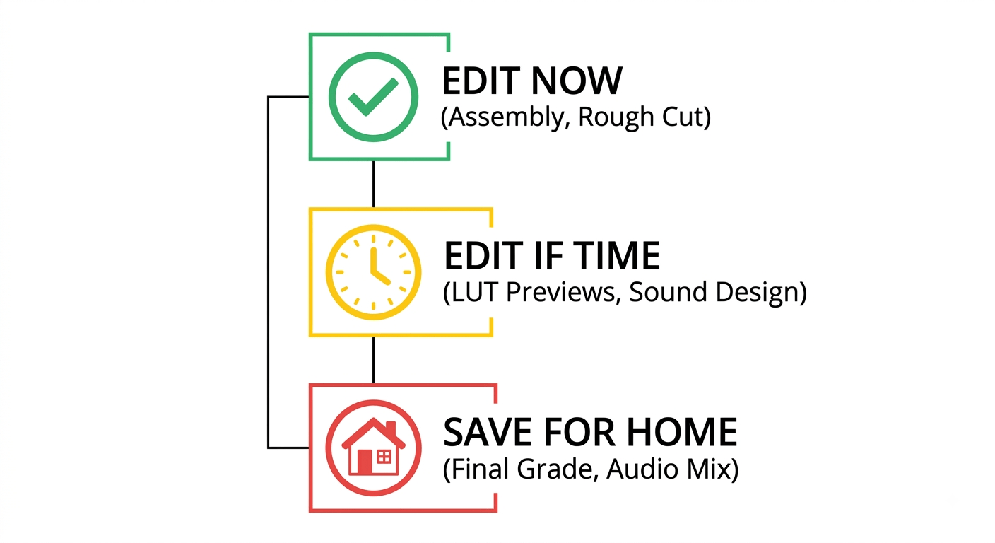 A clean, minimalist infographic-style illustration showing a 3-tier decision tree. The top tier says "Edit Now (Assembly, Rough Cut)" with a green checkmark. The middle tier says "Edit If Time (LUT previews, Sound Design)" with a yellow clock icon. The bottom tier says "Save for Home (Final Grade, Audio Mix)" with a red house icon. The design is modern, flat, and scannable — suitable for social sharing. White background, thin black lines, icons in matching colors, sans-serif typography. No clutter.