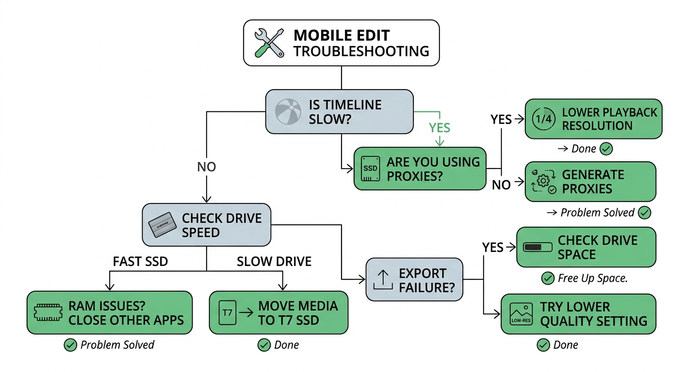 Mobile Editing Workflow for Travel Filmmakers A clean, minimalist flowchart illustration showing the troubleshooting decision tree. Boxes contain text like "Timeline slow?" "Using proxies?" "Playback at 1/4?" with arrows branching to solutions. The design is flat, modern, and scannable — suitable for sharing. White background, thin black lines, icons for each step (spinning wheel for slow, SSD for drives, export icon for exports). Sans-serif typography. No clutter.