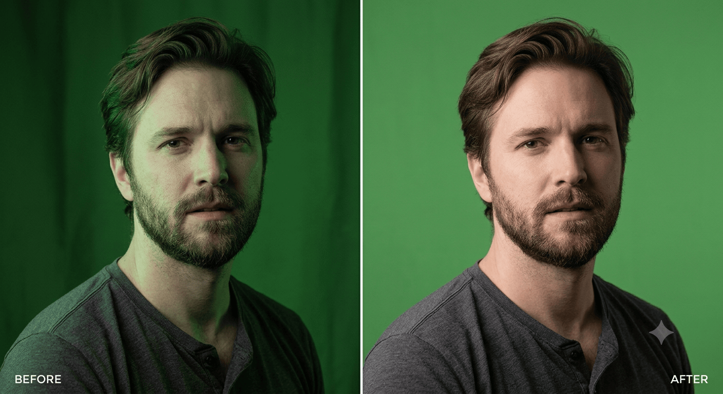 Create a split-frame before/after comparison for a filmmaker's green screen article. This needs to show the problem and the fix side-by-side. Left Frame (BEFORE): Close-up of an actor's upper body and shoulders Visible green spill reflecting onto shoulders, neck, and jawline Green screen behind them is visible and unevenly lit Skin has a green tint, particularly on blonde hair and lighter skin tones Lighting feels slightly "off" – half-lit, moody, slightly uncomfortable The shot should feel authentic, like a production still that went wrong Right Frame (AFTER): Same actor, same framing Green spill completely removed Clean, natural skin tones Properly exposed, professional-looking Green screen behind is evenly lit Technical Requirements: Vertical split down the middle Thin white line dividing the two halves Small "BEFORE" and "AFTER" labels in bottom corners Documentary photography style Mixed lighting: natural light + softbox Should look like a real production still, not a studio glamour shot