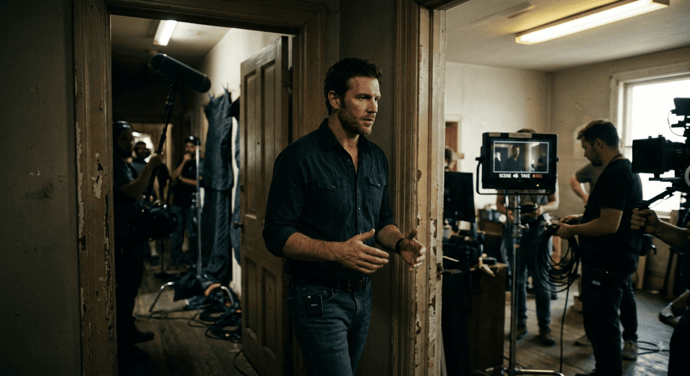 Documentary-style shot of an actor walking through a doorway, mid-performance, a tiny DJI Mic 2 transmitter clipped to their belt, visible but subtle. The camera is following them in a handheld rig. No visible cables trailing. The actor's hands are free, their movement natural and unencumbered. The lighting is practical—a mix of window light and overhead fluorescents. The frame feels alive, kinetic, unstaged. The shot is slightly underlit, realistic. 35mm lens, shallow depth of field, natural skin tones, gritty, real production feel. Filmmaking documentary aesthetic, not a stock photo. --ar 16:9