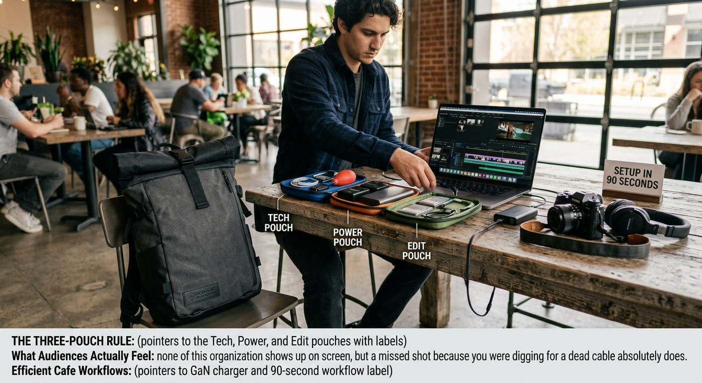 A man sits at a cafe table using a laptop for video editing. In front of him are three organized gear pouches labeled "Tech Pouch," "Power Pouch," and "Edit Pouch." A large black backpack rests on an adjacent chair.