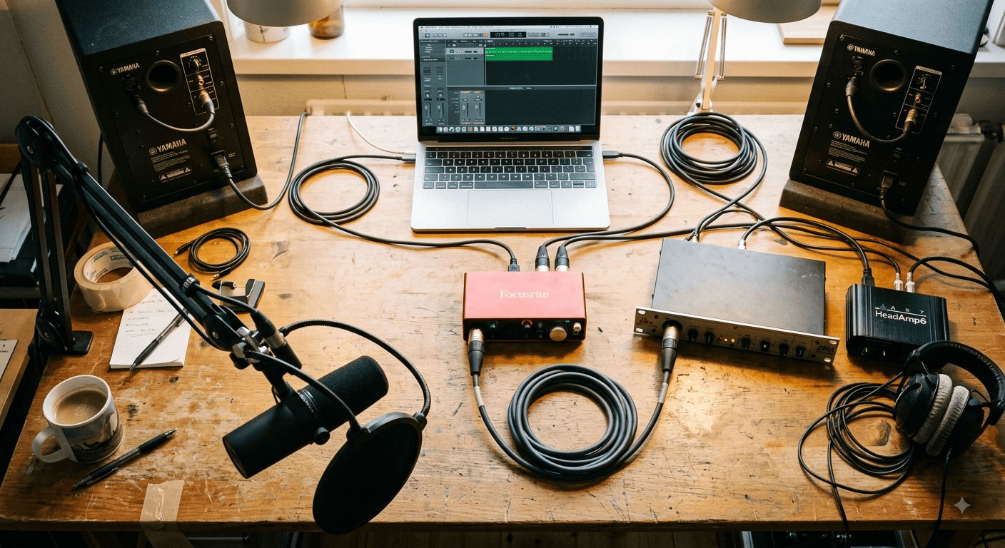 Documentary-style close-up shot of a USB microphone (Samson Q2U or similar) plugged directly into a MacBook Pro via USB-C cable. The laptop screen shows a recording session in progress—a waveform visible in Audacity or GarageBand. A coffee cup sits next to the laptop, a notebook with scribbled notes visible. Natural window light, warm, practical, desk setting. The frame communicates simplicity—no interface, no extra cables. 50mm lens, shallow depth of field, natural skin tones, documentary product photography style. Not a stock photo. --ar 3:2