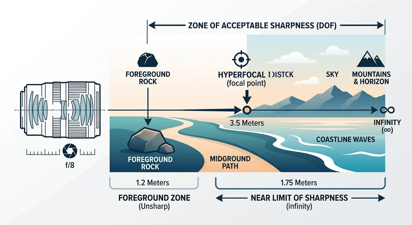 A diagram or infographic showing a camera lens pointing at a landscape. Lines or arrows indicate the hyperfocal distance (focus point) and the zone of acceptable sharpness from that point to infinity. A rock in the foreground is closer than the hyperfocal distance. Clean, instructional, minimalist design. No photograph needed — this could be a diagram.