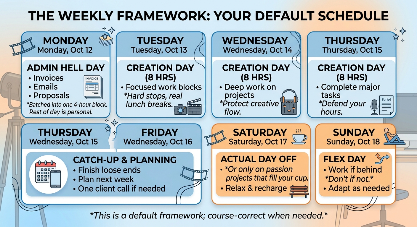 The Weekly Framework converted into a 7-day calendar-strip graphic (already tabled above, but a visual version scans faster than the table for skimmers).