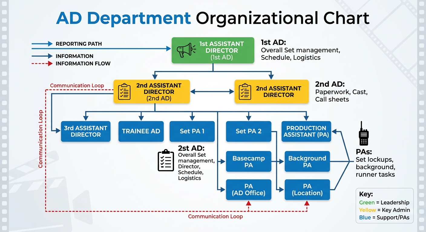 AD Department Org Chart Placement: After the hierarchy table. What reader learns: Visual reporting structure—who reports to whom, and how information flows from 1st AD down to PAs.
