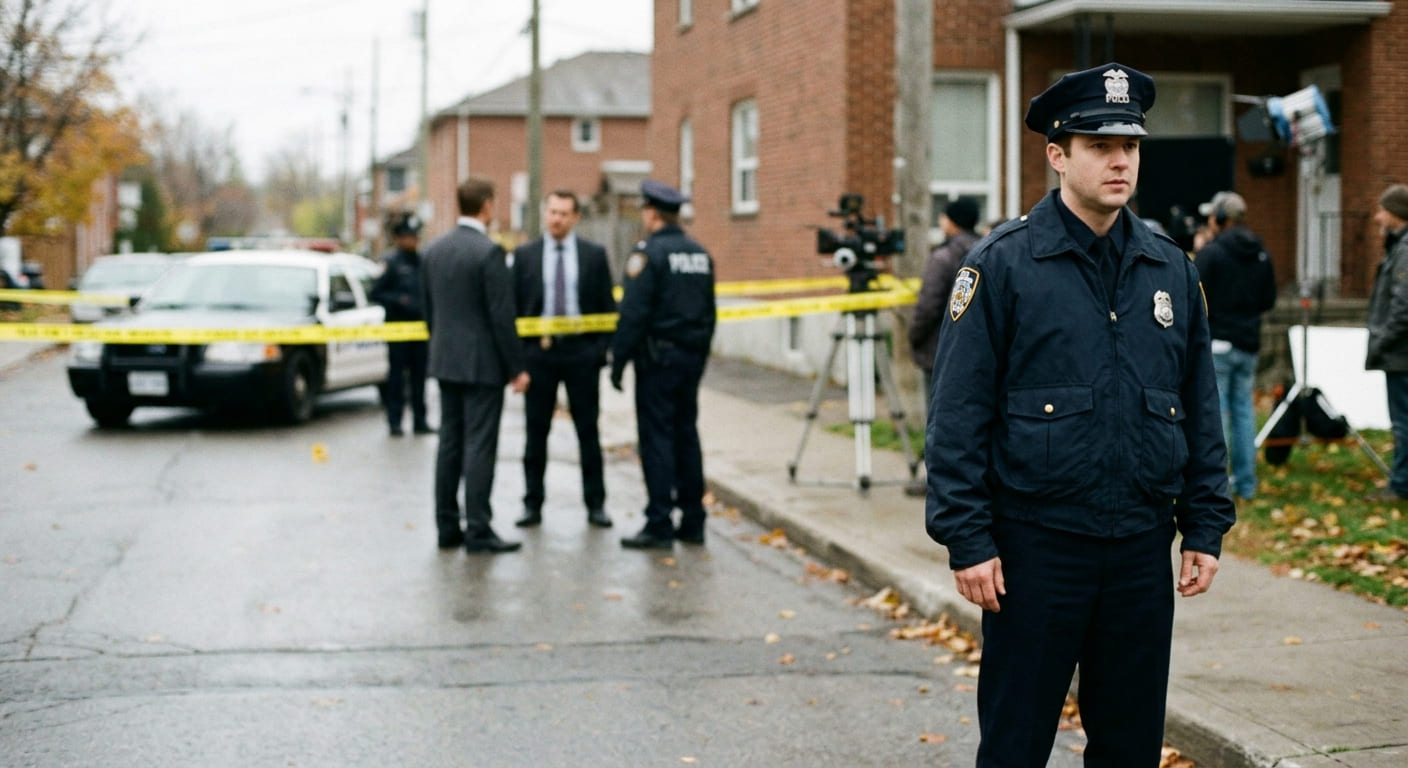 Documentary-style: A background actor in an ill-fitting police uniform standing at the edge of a dressed crime-scene set, slightly out of focus in the frame. Overcast daylight.