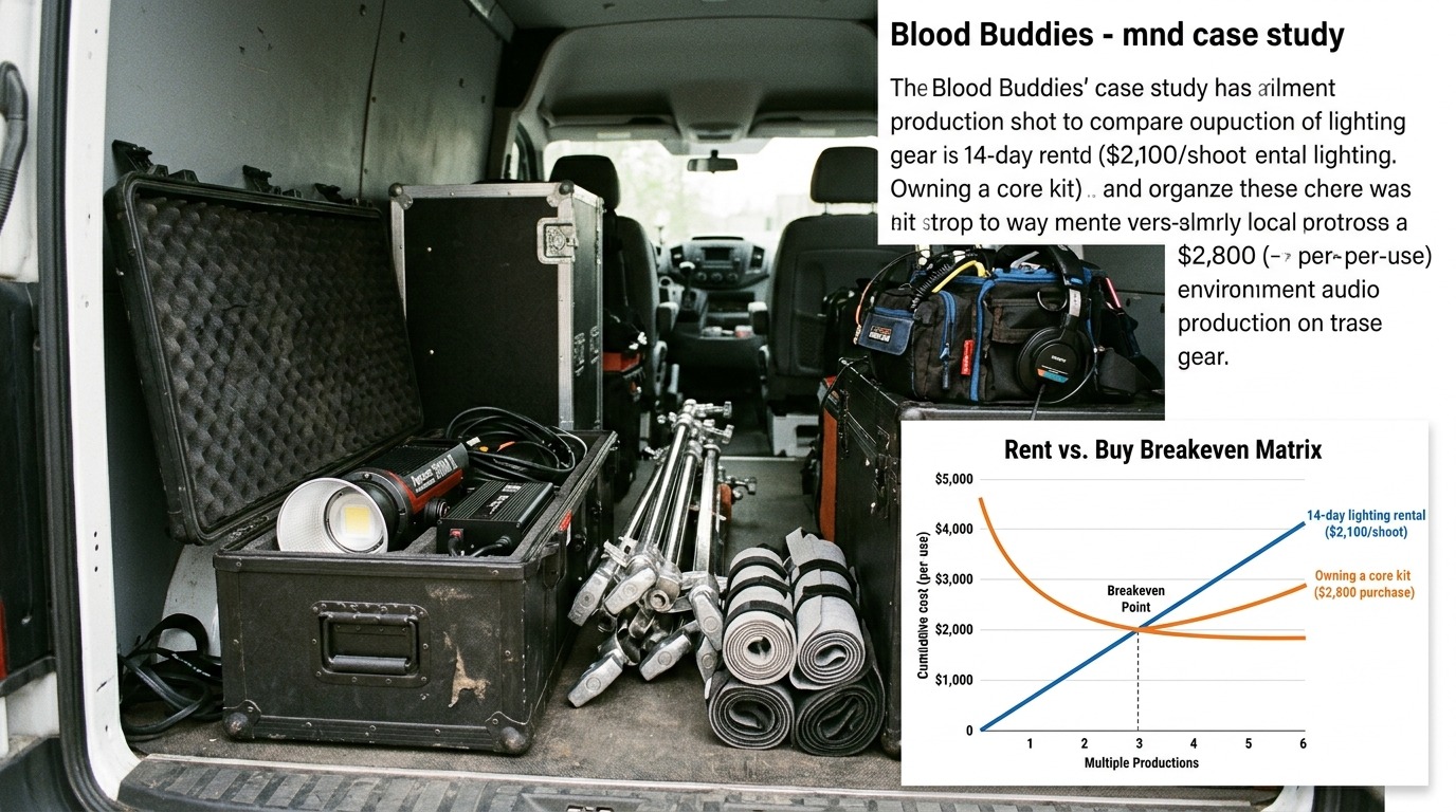 Documentary Image Prompt Documentary photo, close-up inside the back of a production van, neatly organized camera equipment and gear cases, Aputure LED light fixture in a worn padded flight case, c-stands and rolled-up cable ties stacked alongside a multi-track audio bag, natural diffused day lighting spilling through open van doors, gritty real-world indie filmmaking texture, shot on 35mm lens, authentic behind-the-scenes look --ar 16:9 Visual Asset Concept * Graphic Asset: A simple Rent vs. Buy Breakeven Matrix comparing a 14-day lighting rental ($2,100/shoot) against owning a core kit ($2,800 purchase), showing the exact cost-per-use curve dropping dramatically by production #3. * Placement: Positioned right under the Blood Buddies case study paragraph to visually illustrate the long-term ROI of owning core lighting/audio gear versus high-depreciation camera bodies.