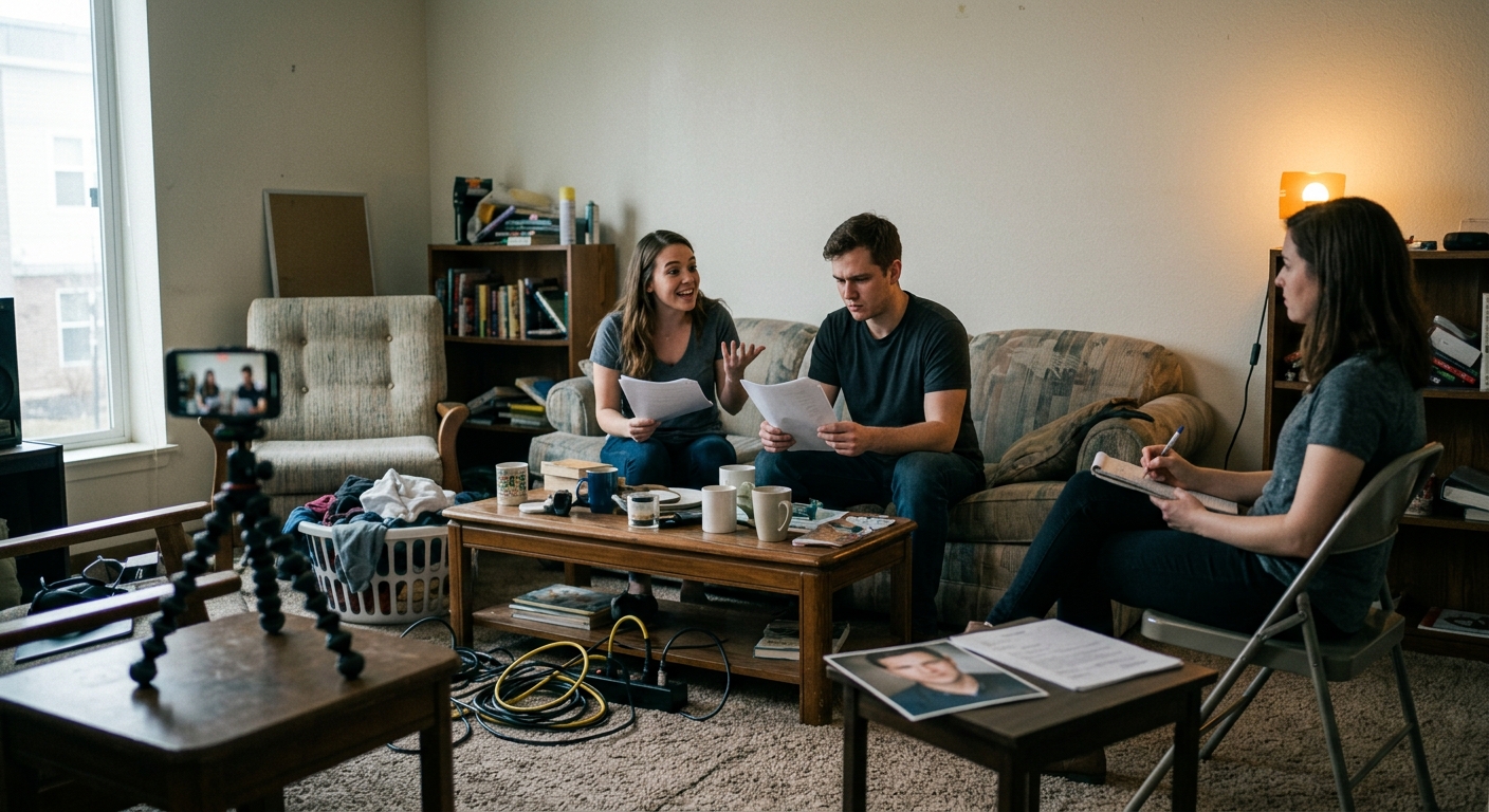 Documentary-style behind-the-scenes photo. A living room casting session in progress. Two actors sit across from each other mid-scene, script pages in hand — one is animated and present, the other is stiff and reading from the page. A phone on a small tripod films them from a slight angle. Off to the side, a director watches from a folding chair, notepad in hand, pen mid-scribble. A headshot and a printed resume sit on a nearby table, face down. Warm practical lamp light from a corner. Real furniture, not a studio — a couch, a coffee table with mugs, a jacket over the back of a chair. The kind of room where a real chemistry read actually happens.