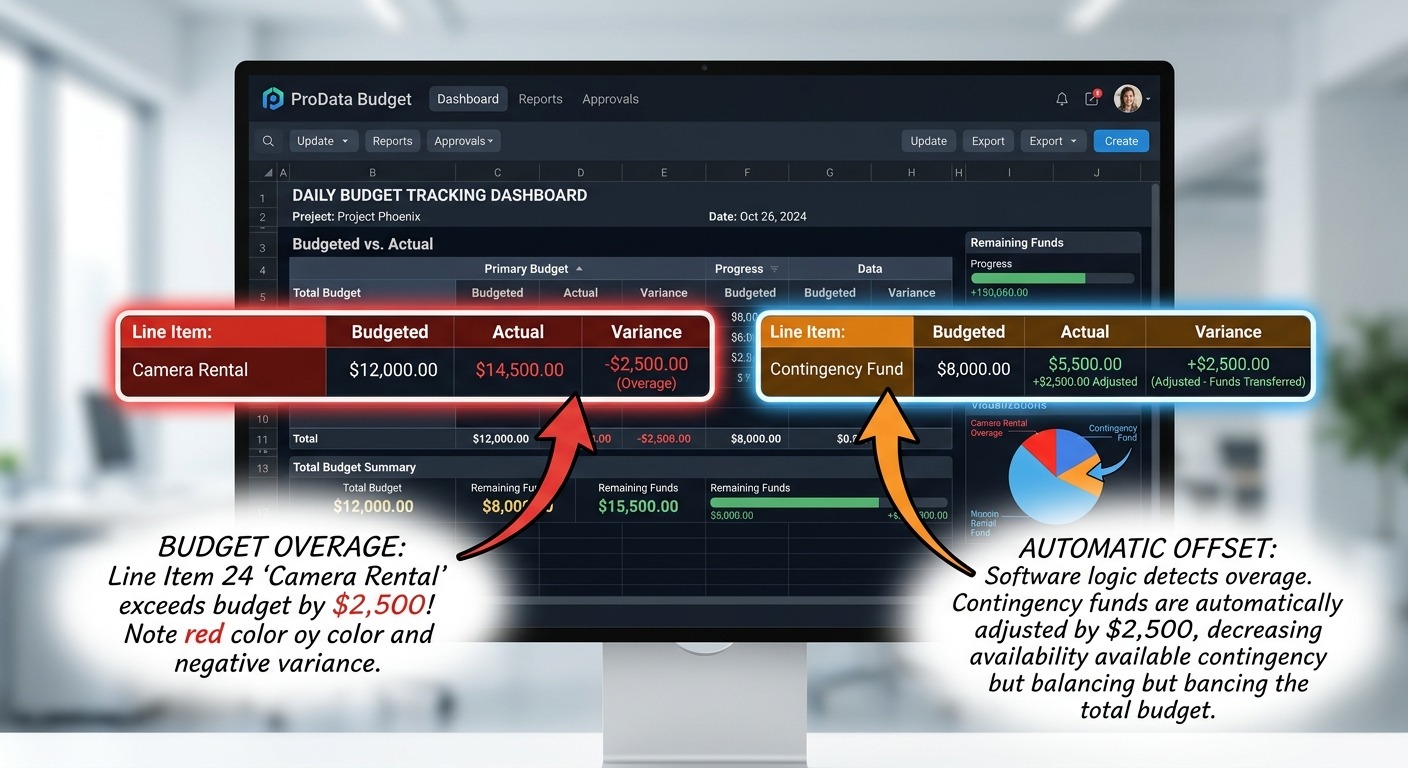 Daily Budget Tracking Dashboard Screenshot: An annotated screenshot of a cloud software interface (like Saturation) showing "Budgeted vs. Actual" columns mid-shoot, highlighting a line item running red (overage) and how contingency automatically offsets it.