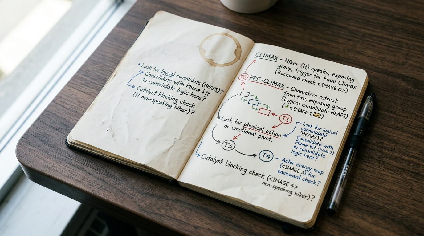 A close-up of a director's notebook with handwritten backward script analysis — arrows, circles, scribbled trigger notes in margins, a coffee ring on the page, a pen resting on top, shot in natural window light with a shallow depth of field.