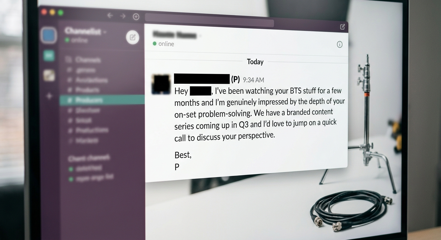 Screenshot-style image of a redacted DM or email from a producer reaching out after watching a vlog. Text readable: "I've been watching your BTS stuff for a few months..."