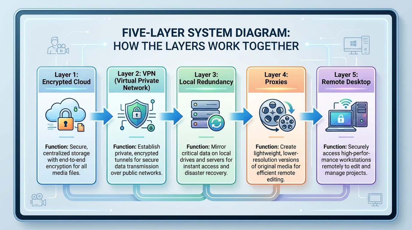 A horizontal flow showing the five layers as connected steps: Encrypted Cloud → VPN → Local Redundancy → Proxies → Remote Desktop. Each layer has a one-line function. Placement: after Layer 5 section. Reader learns: how the layers work together as a system.