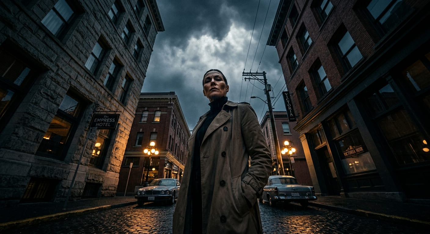 A dramatic low-angle shot looking up at a person, making them look imposing. Shot on a 14mm lens, deliberately tilted. The vertical lines converge dramatically. The lighting is moody, perhaps noir-inspired. Cinematic, high contrast, dramatic.