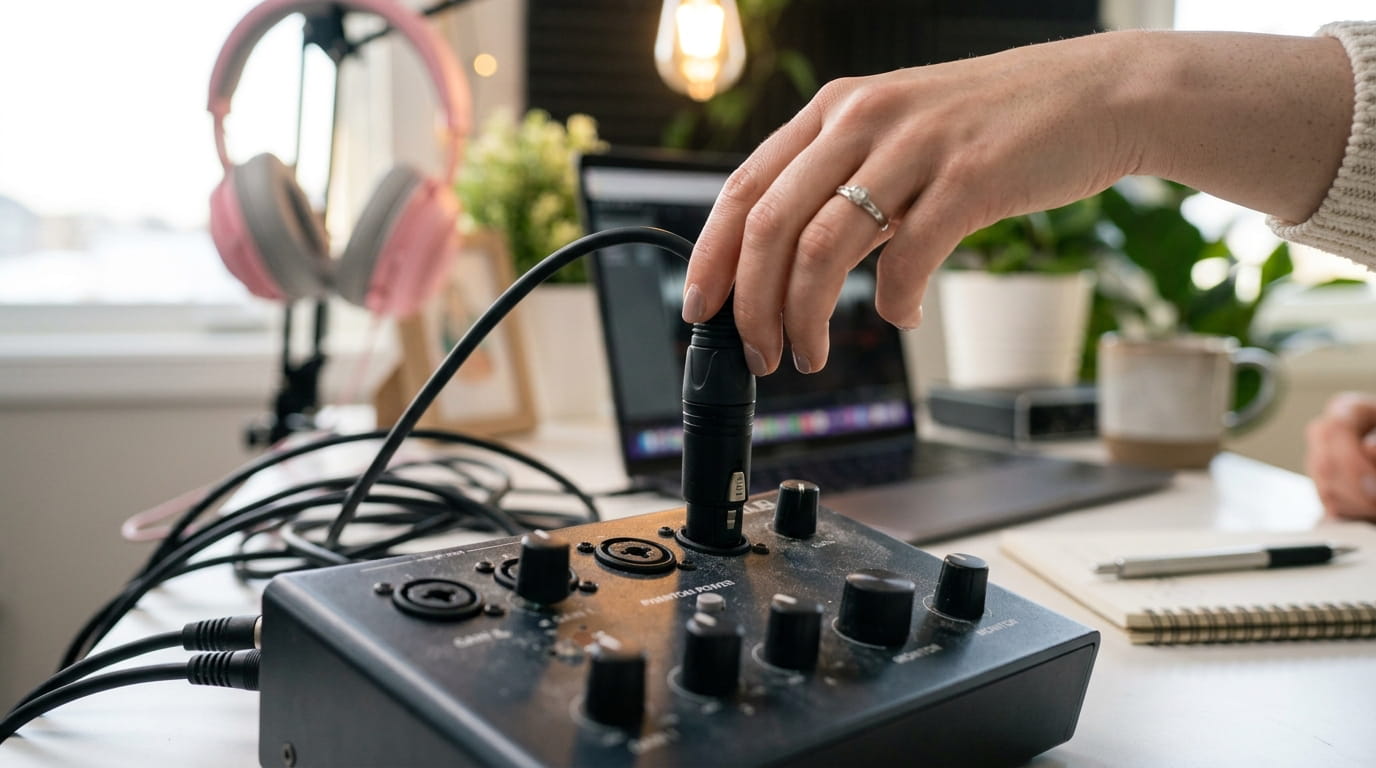 A hand adjusting an XLR cable into the back of an audio interface, slightly out of focus, real desk clutter in the background.