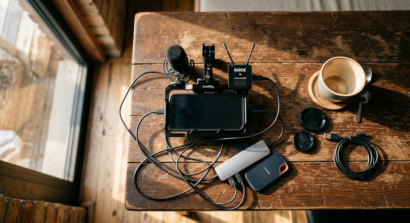 Documentary-style overhead shot of a phone rig on a wooden table: iPhone in a cage, USB-C hub, SSD, wireless mic receiver, tangled cables, half-empty coffee cup, morning light through a window. Imperfect, lived-in, not stock.
