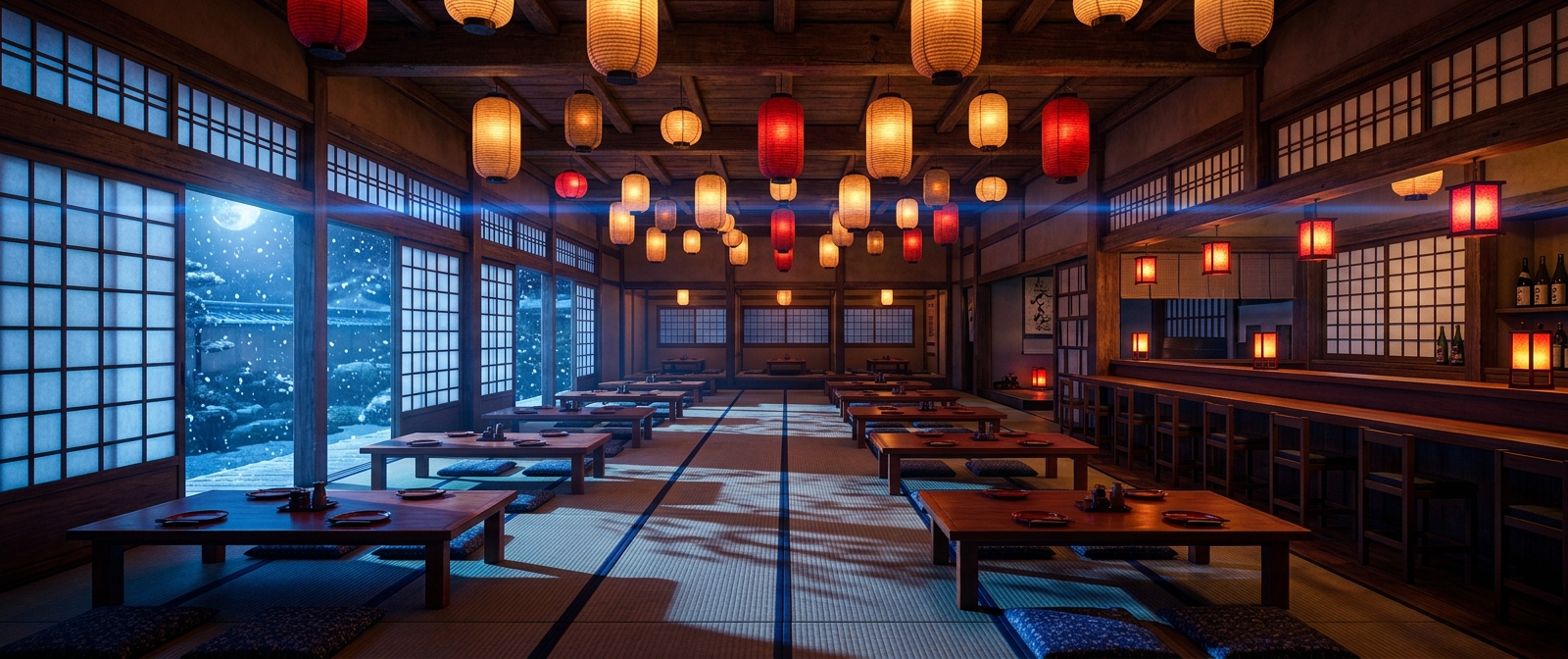 Extreme wide shot of a stylized Japanese izakaya interior at night. Low wooden tables, paper lanterns, shoji screens, snow falling softly outside the windows. Blue-tinted moonlight filtered through shoji, warm amber lantern light inside. Long shadows cast across the tatami floor. No people in frame. Anamorphic widescreen, highly saturated blues and reds, slightly stylized rather than naturalistic.