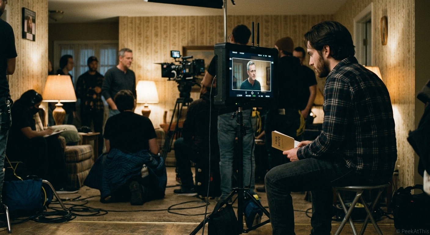 On Set: The Monitor Technique and Physical Distance Style: Wide-angle, candid 35mm film photograph with prominent grain and an authentic indie-set feel. Setting: A cluttered indoor living room set, consistent with the patterned wallpaper and warm ambient lamplight from previous images (image_0.png and image_2.png). Composition: A spatial contrast demonstrating separation. Foreground (Privileged View): The director (bearded, wearing the plaid shirt from image_2.png) sits privately on a portable stool, 15 feet away from the action. He holds his Field Notes notebook and is intently focused on a large, glowing wireless video monitor displaying the current shot. Background (Filtered Environment): The older non-actor (grey hair, from image_2.png) is positioned deep in the room, near the camera rig seen previously. He is focused entirely on his character beat, isolated from the director and tech crew. The intervening space is filled with cables, sound blankets, and shadowed crew members, all filtered out of the actor's immediate view.