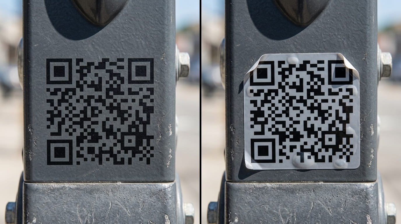 Side-by-side macro photograph. Left: legitimate QR code printed directly on a parking meter surface. Right: scam QR code sticker pasted over the original, with the peeling corner and misalignment exaggerated slightly for visibility. No labels in the image itself — the caption handles the explanation.
