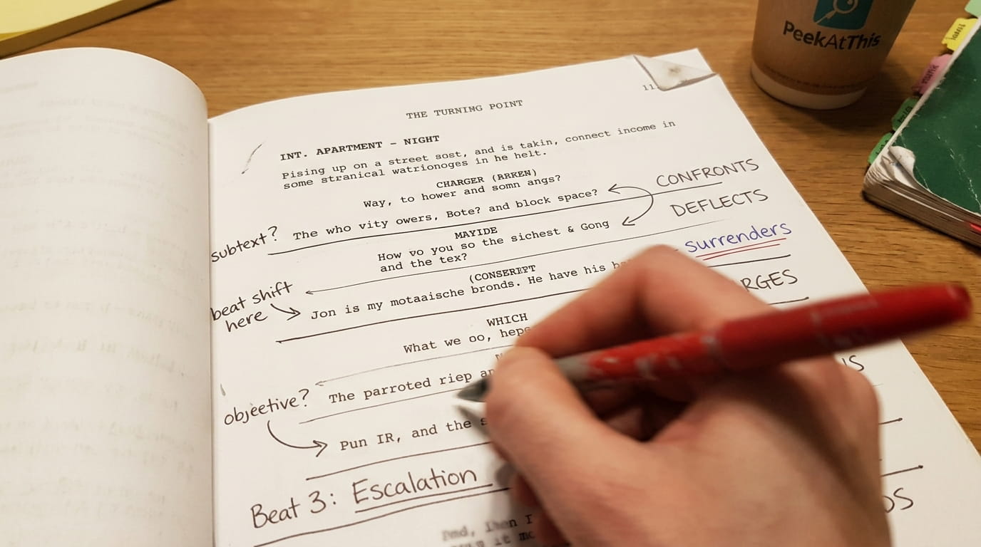 A close-up photograph of an open script workbook on a wooden table, showing extensive, hand-drawn annotations in various colored inks (black, blue, red) and pencil. The original script text is blurred into abstraction, while a hand holding a black pen is actively drawing a line across the page. Horizontal lines, arrows, and marginal notes—such as "subtext?", "beat shift here", "keep it high energy", "objective?", "Beat 4: Turning Point", and action verbs like "CONFRONTS", "DEFLECTS", "Surrenders", "CHARGES", "accuses", "WITHDRAWS", "tests", "PUSHES", and "PLEADS"—clearly demonstrate a detailed, production-tested system of script and beat analysis.