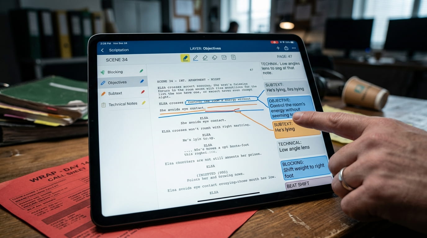 A close-up, angled photograph of an iPad screen displaying a script analysis interface. The screen is open to 'SCENE 34', Int. Apartment - Night, within the Scriptation app. A hand with a silver ring is actively pointing at a blue objective note that reads: 'OBJECTIVE: Control the room's energy without seeming to'. The screen clearly shows layered annotations, including a 'Blocking' layer (yellow), an 'Objectives' layer (blue), and a 'Subtext' layer (orange), with specific notes and lines drawn over the script text, demonstrating a complex digital script-marking system. The background includes a cluttered desk with various papers and equipment, providing context.