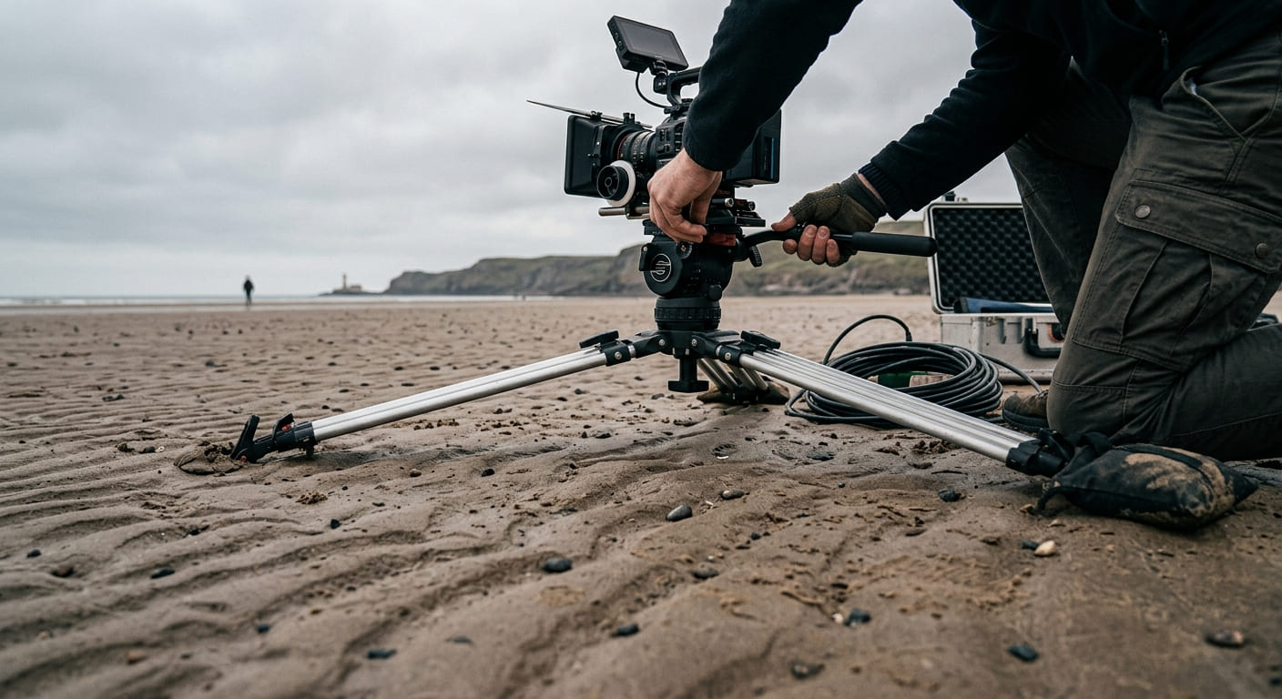 A camera tripod set up 6 inches off the ground on a beach or pavement. The legs are splayed out wide to achieve this low angle. Sand ripples or pavement cracks stretch out in the foreground, visible from the camera's perspective. The camera is pointing at a distant subject. Behind the camera, a filmmaker's hands are visible adjusting the tripod. Overcast light, gritty documentary style, production gear visible.
