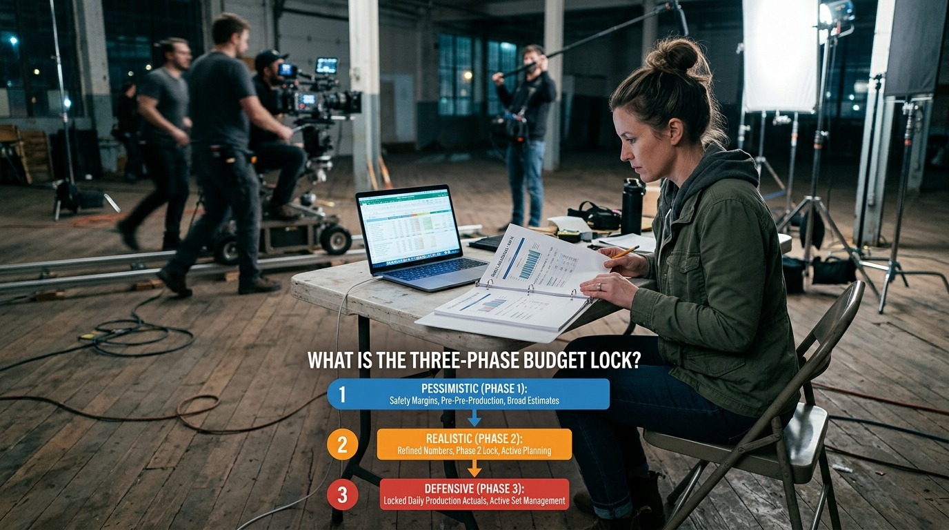 Cinematic documentary photo, wide angle of a line producer sitting at a folding table on an active film set, reviewing a printed three-ring binder budget ledger next to a laptop displaying financial spreadsheets, camera crew and lighting stands blurred in the soft-focus background, natural ambient set lighting, cool tones, subtle film grain, shot on 35mm lens, authentic behind-the-scenes indie film atmosphere --ar 16:9 Visual Asset Concept * Graphic Asset: A clean, 3-step vertical progress breakdown (Pessimistic → Realistic → Defensive) showing how financial numbers narrow from broad safety estimates down to locked daily production actuals. * Placement: Positioned directly beneath the "What Is the Three-Phase Budget Lock?" section title to visually guide the reader through the transition from pre-pre-production planning to active set management.