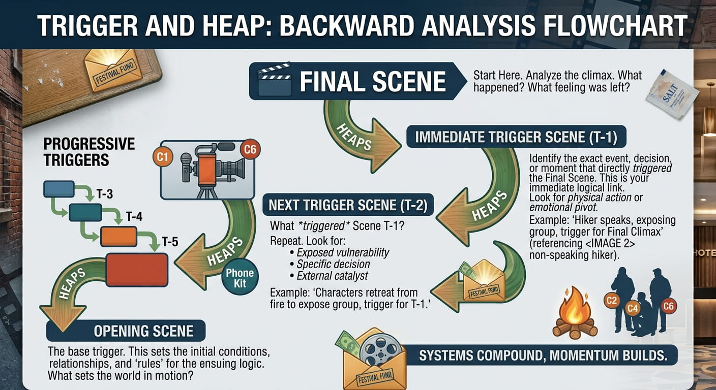 Trigger and Heap Backward Analysis Flowchart: A simple flowchart showing a script's final scene at the top, an arrow pointing backward to the "trigger" scene, then to the next trigger, and so on until the opening scene. Annotations show what to look for at each step. Placement: In the "Trigger and Heap" section. Reader learns the backward analysis process visually.