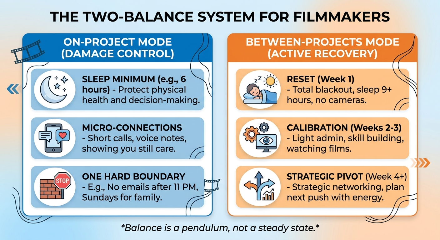 A "Two-Balance System" side-by-side diagram — On-Project Mode (sleep minimum, micro-connections, hard stop) vs. Between-Projects Mode (reset, calibration, pivot) as two simple stacked columns, not a photo.