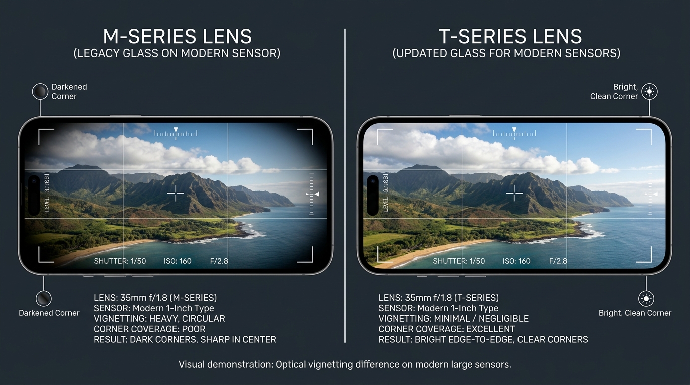 Prompt: A split-screen visual comparison of two camera frames capturing the exact same outdoor landscape scene on a modern smartphone, demonstrating optical vignetting. On the left, labeled "M-Series Lens (Legacy Glass on Modern Sensor)", the image features heavy, dark, circular vignetting cutting significantly into all four corners of the frame where the smaller lens element fails to cover the larger sensor area. On the right, labeled "T-Series Lens (Updated Glass for Modern Sensors)", the identical landscape scene is clear, sharp, and bright edge-to-edge with clean corners and no dark vignetting. Clean studio infographic presentation on a dark slate background, modern minimalist white typography, camera viewfinder overlay graphics, photorealistic 8k camera test capture, shot on 35mm. --ar 16:9 --style raw