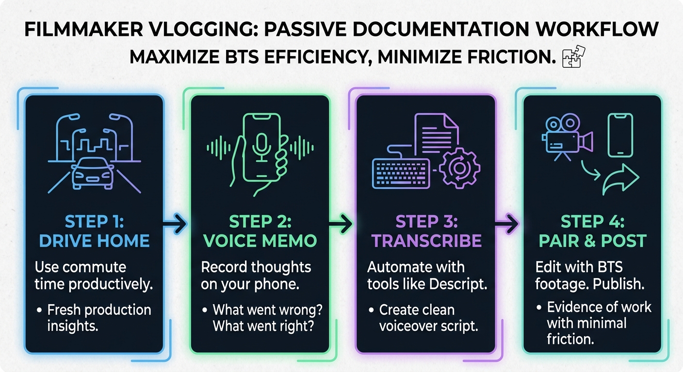 A simple four-step flowchart: Drive home → Voice memo → Transcribe → Pair with BTS footage → Post. Placement: in "The Time Problem" section.