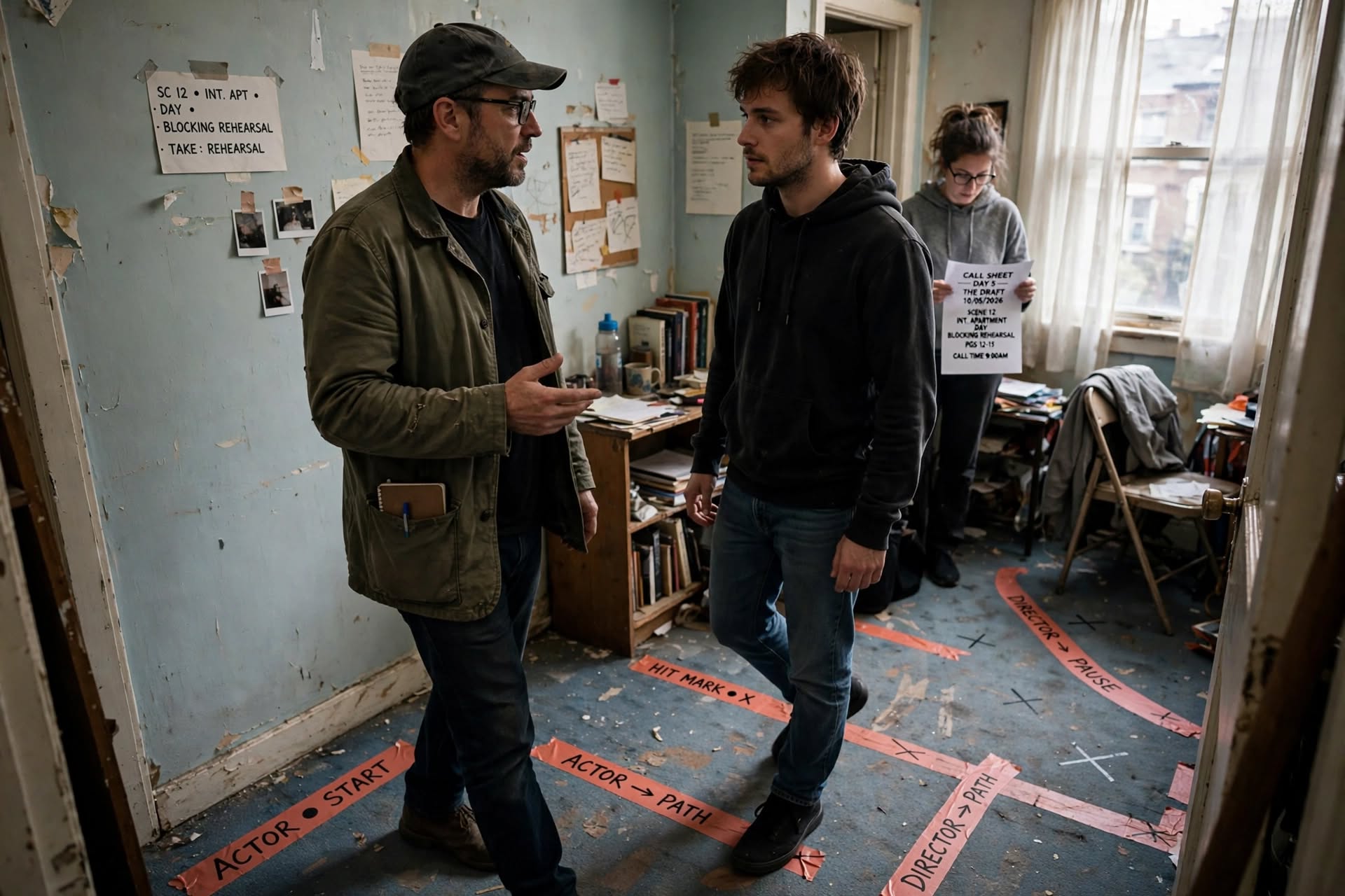 That half-speed blocking pass — director and actor pacing the tape marks on the worn carpet with no gear in the way, crew in the back on the call sheet, pure rehearsal before a single light goes up.
